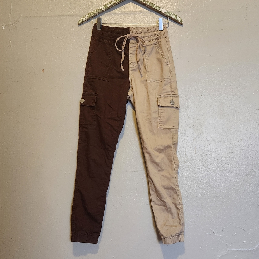Hot Topic V.I.P 2 Tone Tan Brown Cargo Jeggings High Waist Pockets Size 3/4